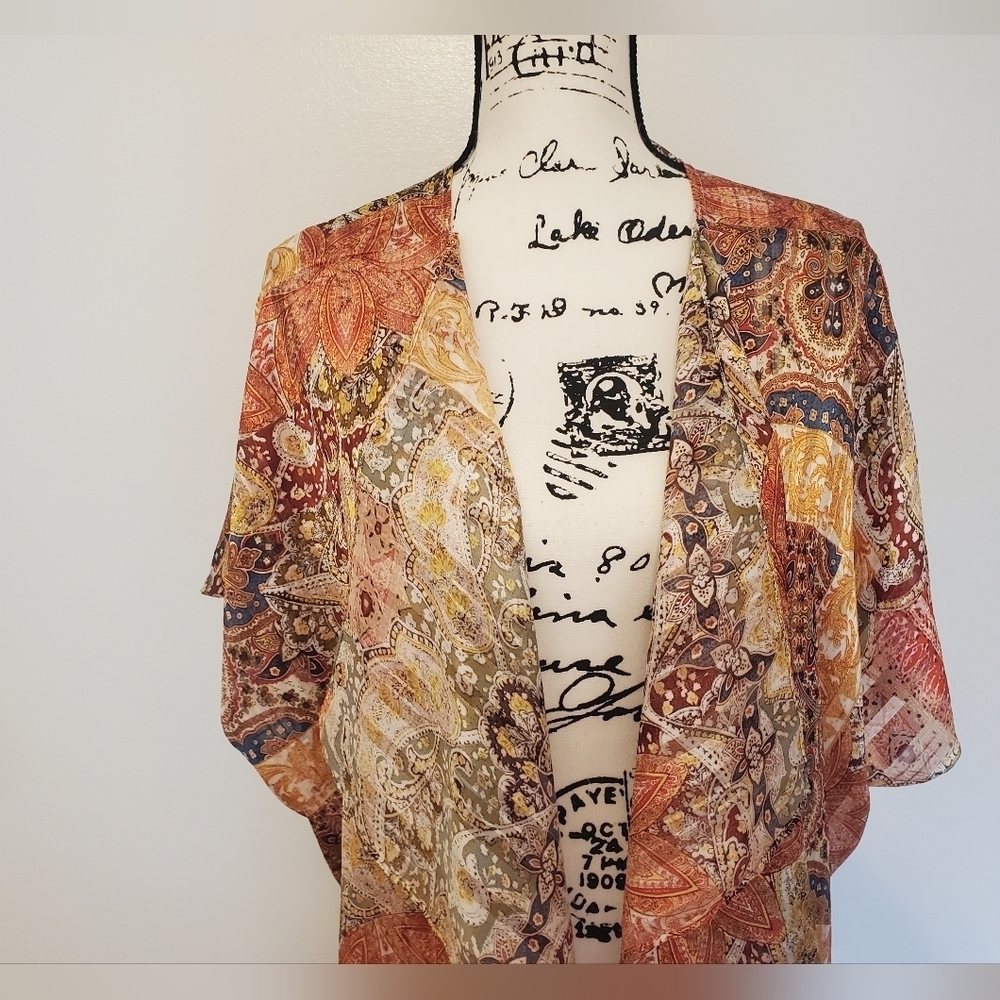 Umgee | Multicolored Bohemian Short Sleeve Duster Length Kimono - Size: S/M